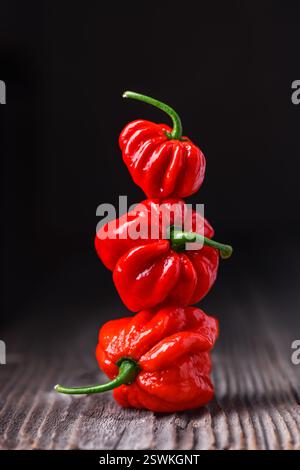 Tre peperoni habanero rossi stagionati (capsicum chinense) su tavola di legno. Peperoni messicani molto caldi su un rustico tavolo di legno da vicino Foto Stock