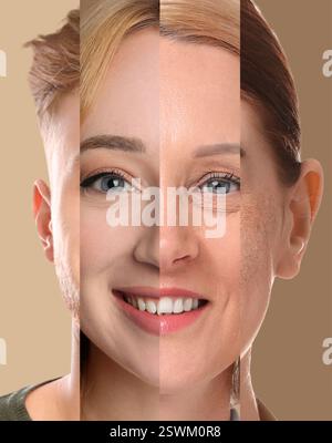 Volto umano fatto di foto di persone diverse. Collage di ritratti di uomini e donne di varie età. Concetti di unità, uguaglianza o unicità Foto Stock