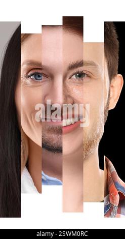 Volto umano fatto di foto di persone diverse. Collage di ritratti di uomini e donne di varie età. Concetti di unità, uguaglianza o unicità Foto Stock