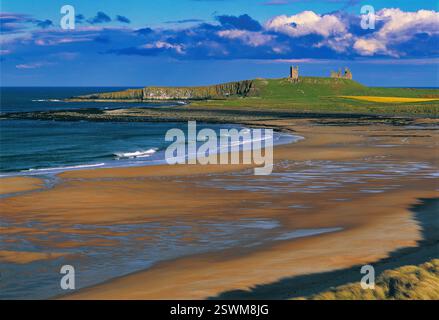 Una vista in una giornata di sole a tarda primavera, guardando attraverso la baia di Embleton verso il castello di Dunstanburgh con la bassa marea nel Northumberland Foto Stock
