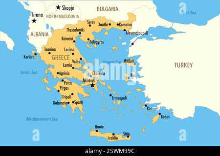 Mappa della Grecia con le principali città e i paesi vicini – illustrazione infografica Foto Stock