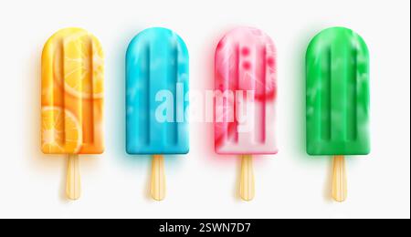 Design del set vettoriale dei pistoncini. Dessert a base di pollo con aranciata, fragola e dolci isolati su sfondo bianco per una collezione realistica in 3d. Illustrazione Vettoriale