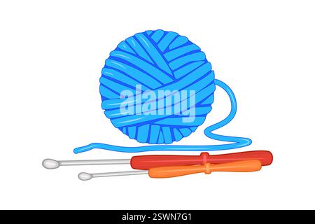 Sfera di filato e gancio a uncinetto. Hobby, ricettario, compiti. Utensili per maglieria, artigianato, uncinetto, uncinetto. Fatti a mano e hobby. Illustrazione vettoriale Illustrazione Vettoriale