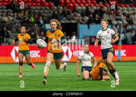 VANCOUVER, CANADA - 21 FEBBRAIO 2025: Il 23° RUBY NICHOLAS australiano corre per la linea di meta durante la partita HSBC SVNS Vancouver Rugby 7s del 2025 contro la Spagna il giorno 1 al BC Place di Vancouver. Crediti: Joe ng/Alamy Live News Foto Stock