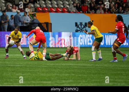 Vancouver, Canada. 21 febbraio 2025. VANCOUVER, BC - 21 FEBBRAIO: Partita di rugby femminile del World Rugby Sevens Series tra Canada e Brasile al BC Place Stadium di Vancouver, Canada, il 21 febbraio 2025. (Foto di Tomaz Jr/Pximages) credito: PX Images/Alamy Live News Foto Stock
