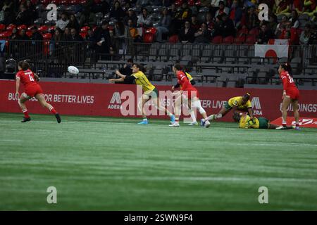 Vancouver, Canada. 21 febbraio 2025. VANCOUVER, BC - 21 FEBBRAIO: Partita di rugby femminile del World Rugby Sevens Series tra Canada e Brasile al BC Place Stadium di Vancouver, Canada, il 21 febbraio 2025. (Foto di Tomaz Jr/Pximages) credito: PX Images/Alamy Live News Foto Stock