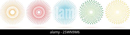 Set di illustrazioni vettoriali di cerchi mezzitoni colorati astratti o elementi di design che diffondono raggi solari isolati su sfondi bianchi per layout e collage Illustrazione Vettoriale