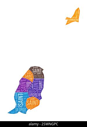 Forma Grenada. Cloud di parole del paese con divisione regionale. Illustrazione a colori Grenada. Fumetto nomi area. Illustrazione vettoriale. Illustrazione Vettoriale