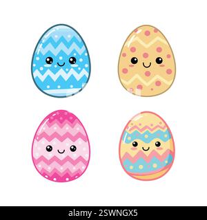 Set di uova di Pasqua Kawaii – simpatica illustrazione di cartoni animati color pastello Illustrazione Vettoriale