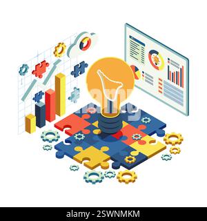 Lampadina isometrica e pezzi di puzzle assemblati che simboleggiano la risoluzione dei problemi creativi. Concetto di soluzione creativa Illustrazione Vettoriale