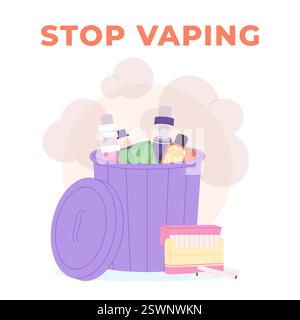 Interrompere la vaporizzazione. Smettere di fumare, strumenti di svapo e accessori nei rifiuti. Sigarette elettroniche, bottiglie con liquido per fumo nella spazzatura. Cura di sé, vita pulita Illustrazione Vettoriale