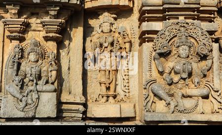 Splendidamente intagliato Idoli di divinità indù sul Tempio di Chinnakeshwa, Tempio del Signore Shiva del XII secolo, Mosale, Hassan, Karnataka, India. Foto Stock