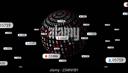 Immagine delle icone dei supporti sul globo di codifica binaria Foto Stock