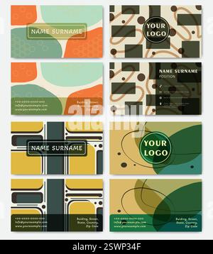Collezione di elementi geometrici per il design di biglietti da visita. Modelli di biglietti aziendali a due facciate con colori brillanti Illustrazione Vettoriale