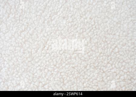 Un primo piano estremamente dettagliato di morbido pile di sherpa bianco con superficie ruvida Foto Stock