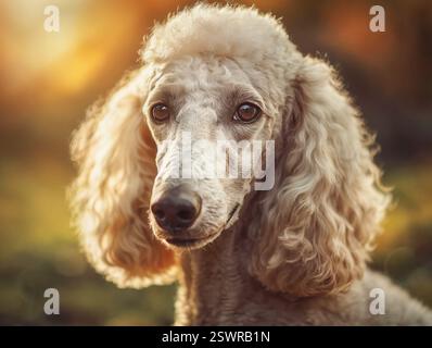 Ritratto ravvicinato di un cane da barboncino con pelliccia di beige riccia, occhi marroni profondi e luce solare dorata soffusa, su uno sfondo esterno sfocato. Foto Stock