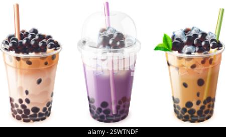 Bollicine realistiche. Bicchiere di plastica Boba, tè freddo o latte caffè frullato bevande asiatiche alla moda con panna di zucchero con perla di tapioca nera, illustrazione vettoriale esatta, opera d'arte originale Illustrazione Vettoriale