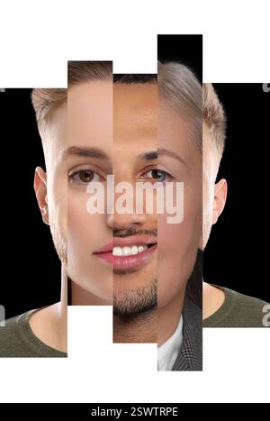 Volto umano fatto di foto di persone diverse. Collage di ritratti di uomini e donne di varie età. Concetti di unità, uguaglianza o unicità Foto Stock