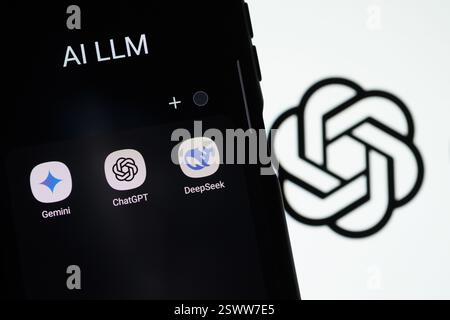 Leopoli, Ucraina 22 febbraio 2025. In questa illustrazione fotografica, un logo ChatGPT viene visualizzato su uno smartphone con un logo OpenAI sullo sfondo. Foto Stock