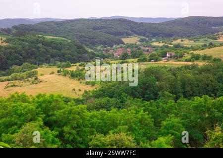 Una lussureggiante campagna caratterizzata da colline verdi ondulate e da un pittoresco villaggio. Foto Stock