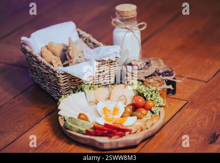 Piatti assortiti per la colazione, tra cui pane, latte, verdure, uova e conserve su un tavolo. Foto Stock