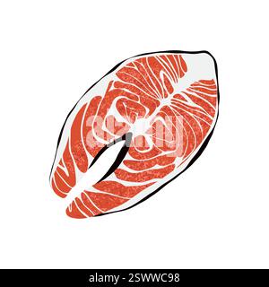 Bistecca di salmone. Filetto di trota cruda di cartoni animati, ingredienti del menu del ristorante di pesce fresco, bistecca di pesce di salmone piatto concetto di pasto salutare. Vettore isolato Illustrazione Vettoriale