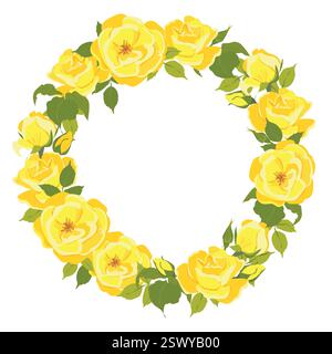 Cornice vettoriale rotonda con rose gialle. Corona floreale in stile piatto. Modello con logo, cornice floreale per matrimoni, biglietti d'auguri per l'anniversario. Illustrazione Vettoriale