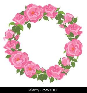 Cornice vettoriale rotonda con rose rosa. Corona floreale in stile piatto. Modello con logo, cornice floreale per matrimoni, biglietto d'auguri per la festa della mamma. Rose rosse per San Valentino. Illustrazione Vettoriale