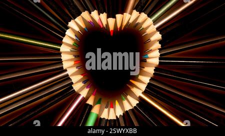 Punte a matita colorate a forma di cuore che formano un centro cavo con toni scuri e dettagli metallici in una composizione artistica creativa e simmetrica Foto Stock