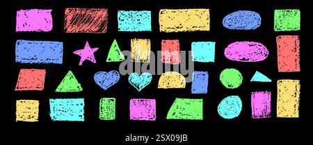 Set di forme geometriche astratte di base disegnate con carbone colorato. Collezione di cornici per preventivi di vernice disegnate a mano. Set di bolla vocale colorata vuota Illustrazione Vettoriale