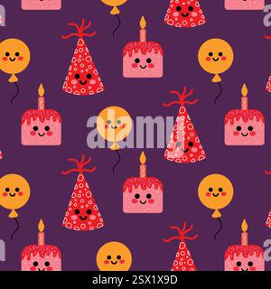 Ricchissimo di cappelli di compleanno, palloncini e torte di compleanno Illustrazione Vettoriale