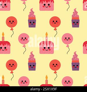Modello senza cuciture di dolci sorridenti, palloncini e torte di compleanno Illustrazione Vettoriale