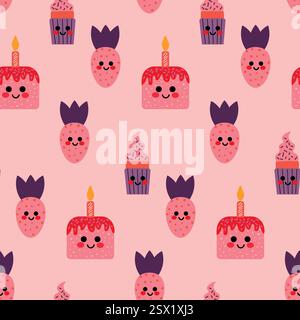 Modello senza cuciture di dolci sorridenti, fragole e torte di compleanno Illustrazione Vettoriale