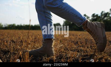 I piedi femminili dell'agricoltore attraversano il prato di grano al tramonto. Gambe di agronomo in stivali che camminano tra le piantagioni di orzo al crepuscolo. Concetto di Foto Stock