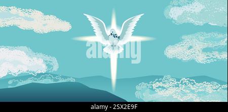 Santo Spirito dove vola nel cielo blu religione illustrazione vettoriale. Simbolo della croce sacrale della chiesa biblica. Festa cristiana della domenica di Pasqua Illustrazione Vettoriale