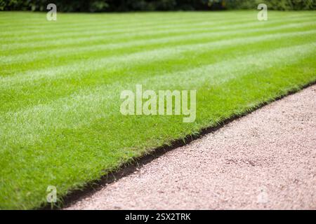Bellissimo prato e curato e percorso giardino in un parco o giardino del Regno Unito Foto Stock