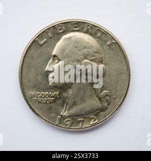 Natura morta del fronte di una moneta americana da un quarto di dollaro datata 1972 Foto Stock