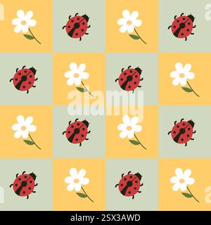 motivo a scacchi senza cuciture con fiori e cimice da donna. Grazioso motivo a molla per tessuti, cartoncini e altri disegni Illustrazione Vettoriale