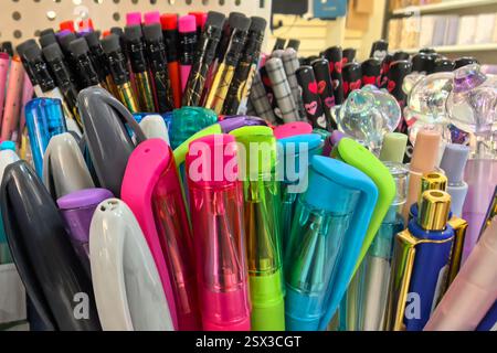 Una vivace mostra mostra una varietà di penne colorate disposte ordinatamente in un negozio di cancelleria. Ogni penna vanta un design unico e tonalità vivaci, invitanti Foto Stock