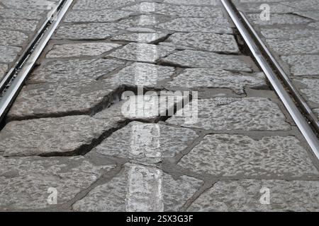 Pavimentazione storica di Milano, sede dei binari del tram Foto Stock