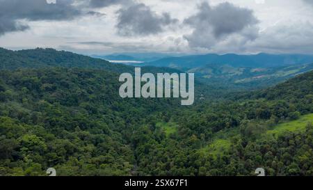 Scatto con drone, foto Arial da un corso d'acqua tra le montagne della campagna di Paraty, Brasile. Foto Stock
