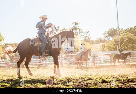 cowboy che canta al tramonto Foto Stock
