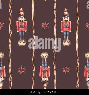 Il gioco dello Schiaccianoci natalizio presenta strisce di corda verticali e stelle di anice. Ornamento invernale vintage in legno, tessuto Acquerello disegnato a mano Foto Stock