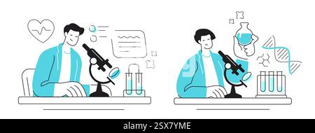 Lo scienziato lavora con il microscopio in laboratorio di ospedale o clinica. Ricerche scientifiche ed esperimenti di laboratorio chimico Illustrazione Vettoriale