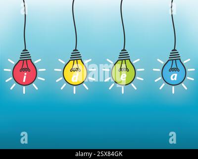 Idea, business concept, lampadina colorata su sfondo blu. Illustrazione Vettoriale