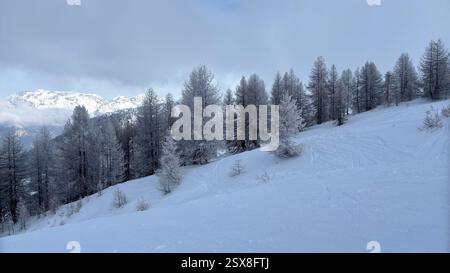 Piemonte Italia Sansicario. Località sciistica innevata e montagne bellissime. Alpi. Alpine Mountain View vacanza sciistica viaggi all'aperto splendida landsca invernale Foto Stock