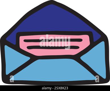 Doodle aprire busta con icona a forma di lettera disegnata a mano, sottile linea nera e colorata Illustrazione Vettoriale