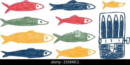 Set di doodle per pastelli di sardine. Pesce in scatola disegnato a mano. Pesci in scatola. Aprire la latta di sardina. Vettoriale conserva mangiare illustrazione a matita isolata su W. Illustrazione Vettoriale