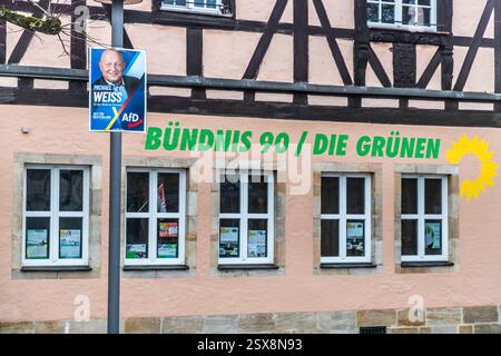 Il poster della campagna del candidato diretto dell’AfD Michael Weiß per il collegio elettorale di Bamberg-Forchheim al Bundestag è appeso a un lampione davanti alla facciata di un edificio in legno con l’iscrizione "Bündnis 90/Die Grünen". Le elezioni federali si sono svolte il 23 febbraio 2025, dodici giorni dopo che questa fotografia è stata scattata. Friedrich-Ludwig-Jahn-Straße, Forchheim, Bavaria, Germania. Foto Stock