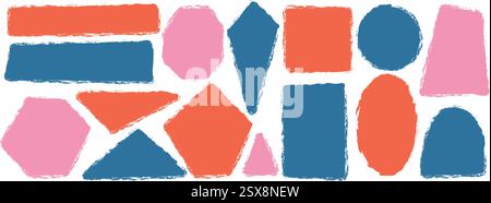 Set di forme geometriche colorate per bambini. Caselle di testo cornici testurizzate. Figure arrotondate e quadrate. Forme degli adesivi per preventivi disegnati a mano vettoriali. grunge geomet Illustrazione Vettoriale